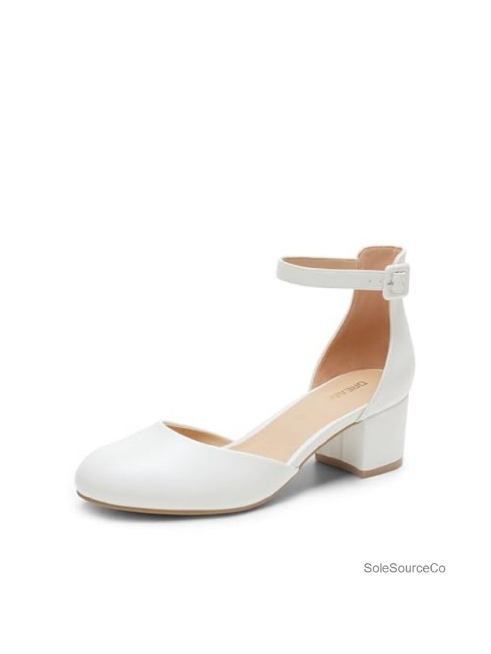 Women's Round Toe Low Block Heel Pumps Faux Leather Ankle Strap